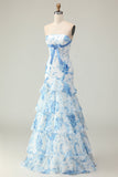 White Blue Flower Mermaid Strapless Print Tiered Long Prom Dress with Ruffles