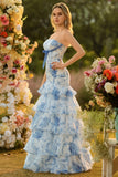 White Blue Flower Strapless Mermaid Print Tiered Long Prom Dress with Ruffles