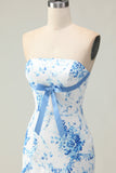 White Blue Flower Mermaid Strapless Print Tiered Long Prom Dress with Ruffles