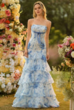 White Blue Flower Strapless Mermaid Print Tiered Long Prom Dress with Ruffles