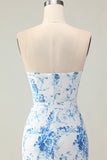 White Blue Flower Mermaid Strapless Print Tiered Long Prom Dress with Ruffles