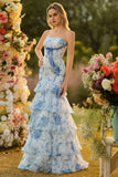 White Blue Flower Strapless Mermaid Print Tiered Long Prom Dress with Ruffles