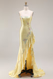 Yellow Beaded Strapless Mermaid Floral Ruffled Long Prom Dress with Slit