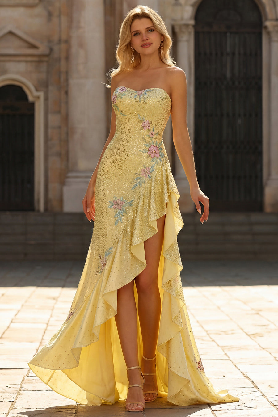 cassie euphoria winter formal dress Strapless Sweetheart Neck Yellow Satin Long Prom Dresses with 3D Flowe –  Eip Collection main image 0