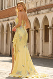 Yellow Beaded Strapless Mermaid Floral Ruffled Long Prom Dress with Slit