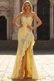 Yellow Beaded Strapless Mermaid Floral Ruffled Long Prom Dress with Slit
