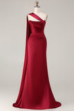 Burgundy Strapless Mermaid Satin Convertible Long Prom Dress with Streamer