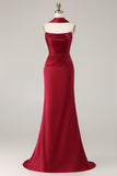 Burgundy Strapless Mermaid Satin Convertible Long Prom Dress with Streamer