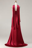 Burgundy Strapless Mermaid Satin Convertible Long Prom Dress with Streamer
