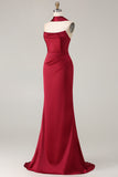 Burgundy Strapless Mermaid Satin Convertible Long Prom Dress with Streamer
