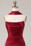 Burgundy Strapless Mermaid Satin Convertible Long Prom Dress with Streamer