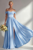 Off the Shoulder A Line Blue Satin Long Bridesmaid Dress with Slit