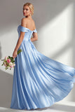 Off the Shoulder A Line Blue Satin Long Bridesmaid Dress with Slit