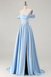 Off the Shoulder A Line Blue Satin Long Bridesmaid Dress with Slit