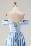 Off the Shoulder A Line Blue Satin Long Bridesmaid Dress with Slit