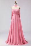 Strapless Pink White Dot A Line Pleated Long Bridesmaid Dress with Streamer