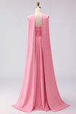 Strapless Pink White Dot A Line Pleated Long Bridesmaid Dress with Streamer