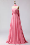 Strapless Pink White Dot A Line Pleated Long Bridesmaid Dress with Streamer