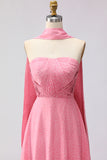 Strapless Pink White Dot A Line Pleated Long Bridesmaid Dress with Streamer