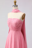 Strapless Pink White Dot A Line Pleated Long Bridesmaid Dress with Streamer