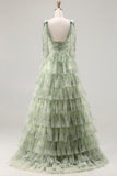 Green Floral Tulle A Line Tiered Ruffle Long Prom Dress with Slit