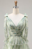 Green Floral A Line Tiered Ruffle Tulle Long Prom Dress with Slit