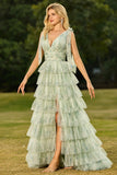 Green Floral Tulle A Line Tiered Ruffle Long Prom Dress with Slit