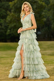 Green Floral Tulle A Line Tiered Ruffle Long Prom Dress with Slit