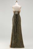 Sparkly Black Golden Strapless Sheath Sequin Long Prom Dress with Slit