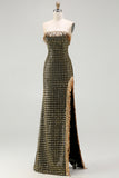 Sparkly Black Golden Strapless Sheath Sequin Long Prom Dress with Slit
