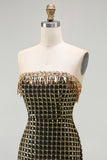 Sparkly Black Golden Strapless Sheath Sequin Long Prom Dress with Slit