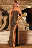 Sparkly Black Golden Sheath Strapless Sequin Long Prom Dress with Slit