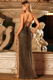 Sparkly Black Golden Sheath Strapless Sequin Long Prom Dress with Slit
