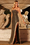 Sparkly Black Golden Sheath Strapless Sequin Long Prom Dress with Slit
