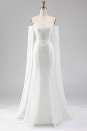 White Mermaid Strapless Beaded Sequin Corset Long Prom Dress with Streamer