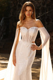 White Strapless Mermaid Beaded Sequin Corset Long Prom Dress with Streamer