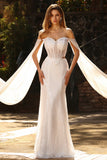 White Strapless Mermaid Beaded Sequin Corset Long Prom Dress with Streamer