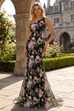 Black Pink Floral Sequin One Shoulder Mermaid Long Prom Dress