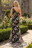 Black Pink Floral Sequin One Shoulder Mermaid Long Prom Dress