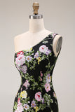 Black Floral Sequin One Shoulder Mermaid Long Prom Dress