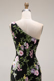 Black Floral Sequin One Shoulder Mermaid Long Prom Dress