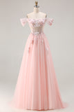 Pink A-Line Off The Shoulder Corset Beaded Long Prom Dress with Sequins