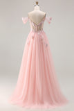 Pink A-Line Off The Shoulder Corset Beaded Long Prom Dress with Sequins