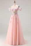 Pink A-Line Off The Shoulder Corset Beaded Long Prom Dress with Sequins
