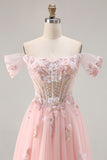 Pink A-Line Off The Shoulder Corset Beaded Long Prom Dress with Sequins
