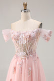 Pink A-Line Off The Shoulder Corset Beaded Long Prom Dress with Sequins