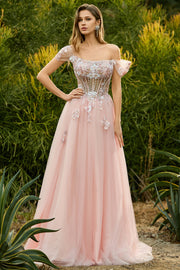 Off The Shoulder Pink A-Line Corset Beaded Long Prom Dress with Sequins