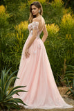 Off The Shoulder Pink A-Line Corset Beaded Long Prom Dress with Sequins