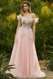 Off The Shoulder Pink A-Line Corset Beaded Long Prom Dress with Sequins