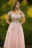 Off The Shoulder Pink A-Line Corset Beaded Long Prom Dress with Sequins